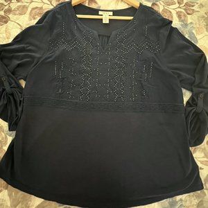 Style & Co navy blue beaded embroidered top size XL